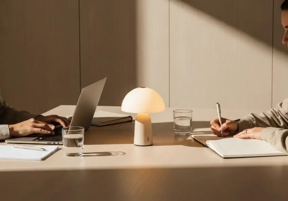 A bright workspace with a lamp and a notebook