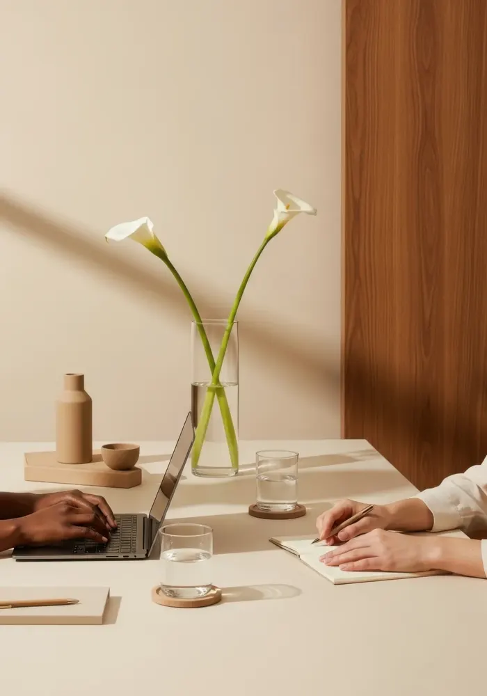 Two people working quietly at a shared desk