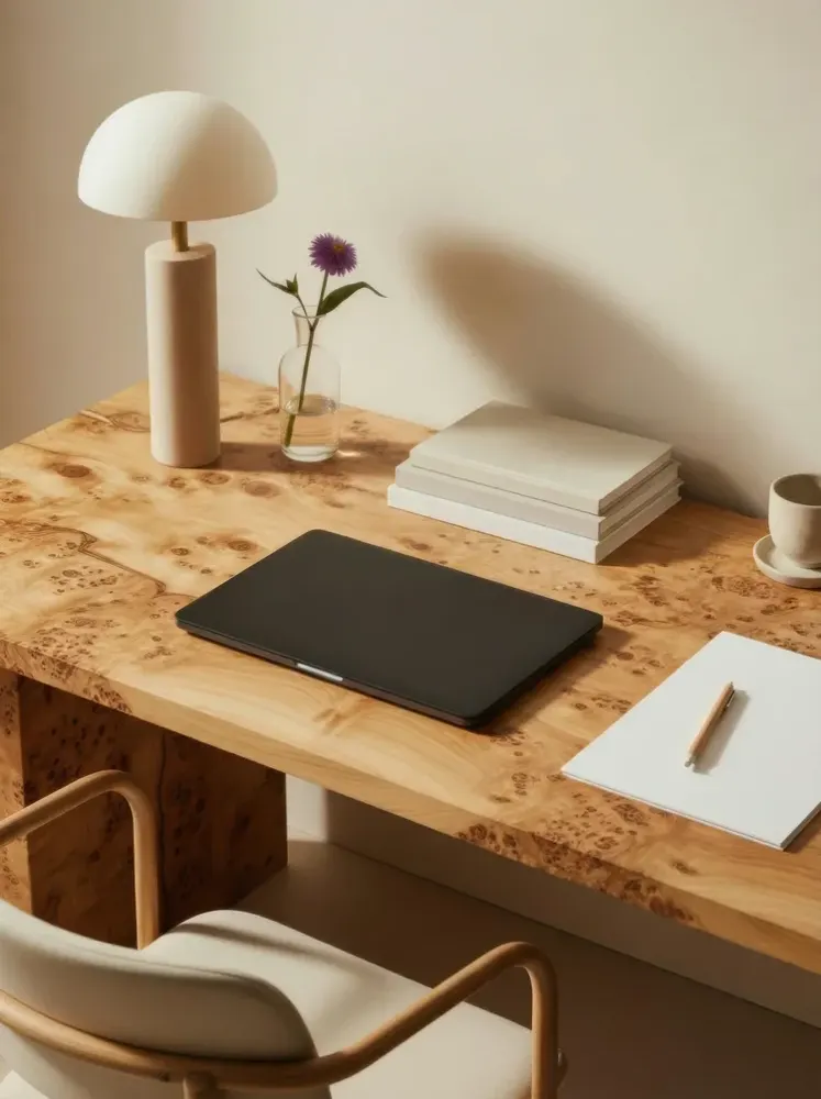 A tidy desk with a lamp, notebooks and a small flower