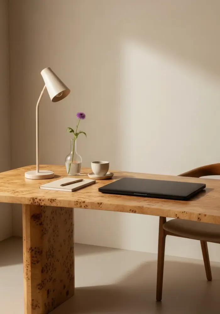 A calm, softly lit room with a wooden desk and a vase of flowers